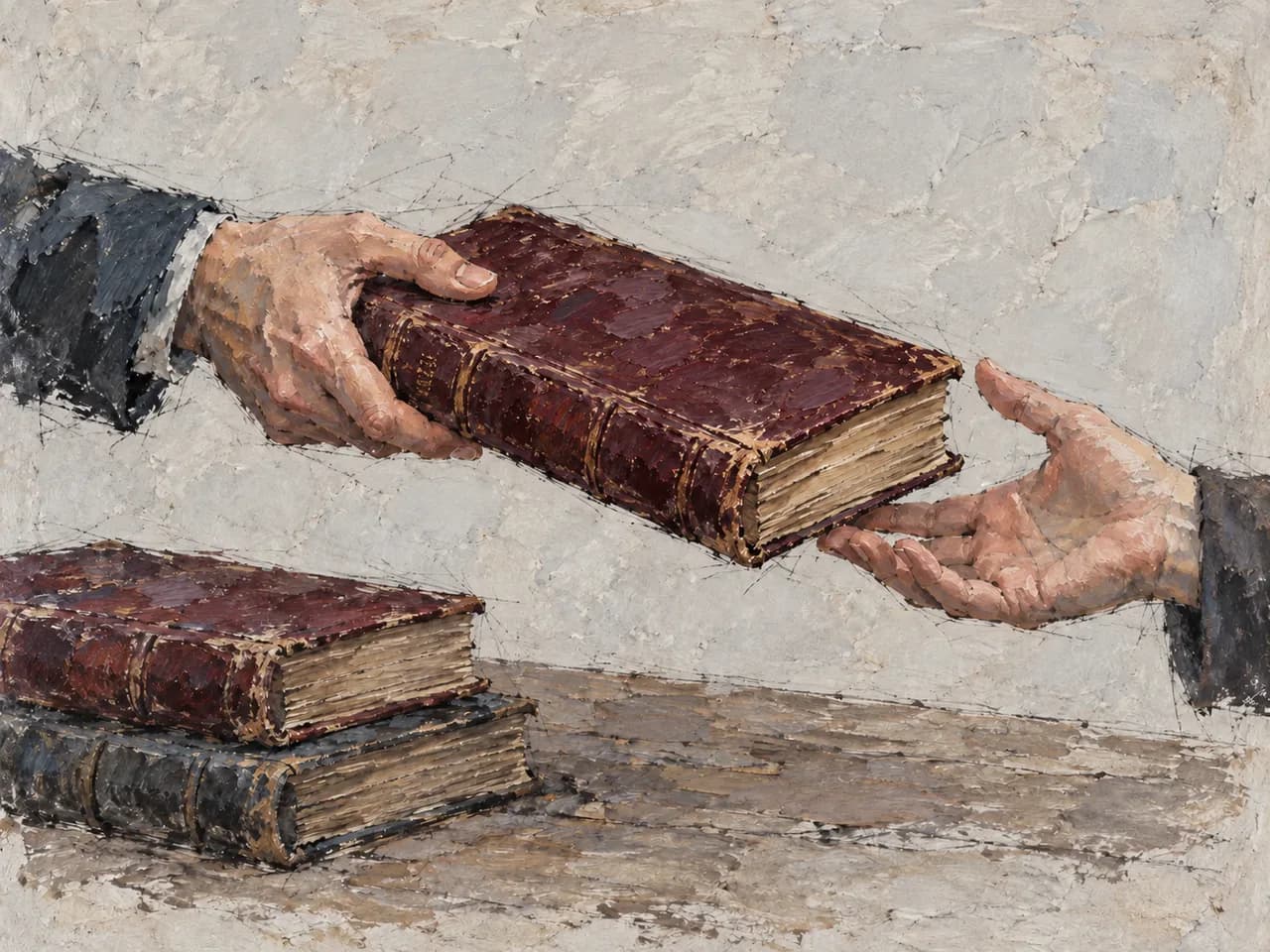 Painterly study of a worn burgundy sefer being passed between two readers